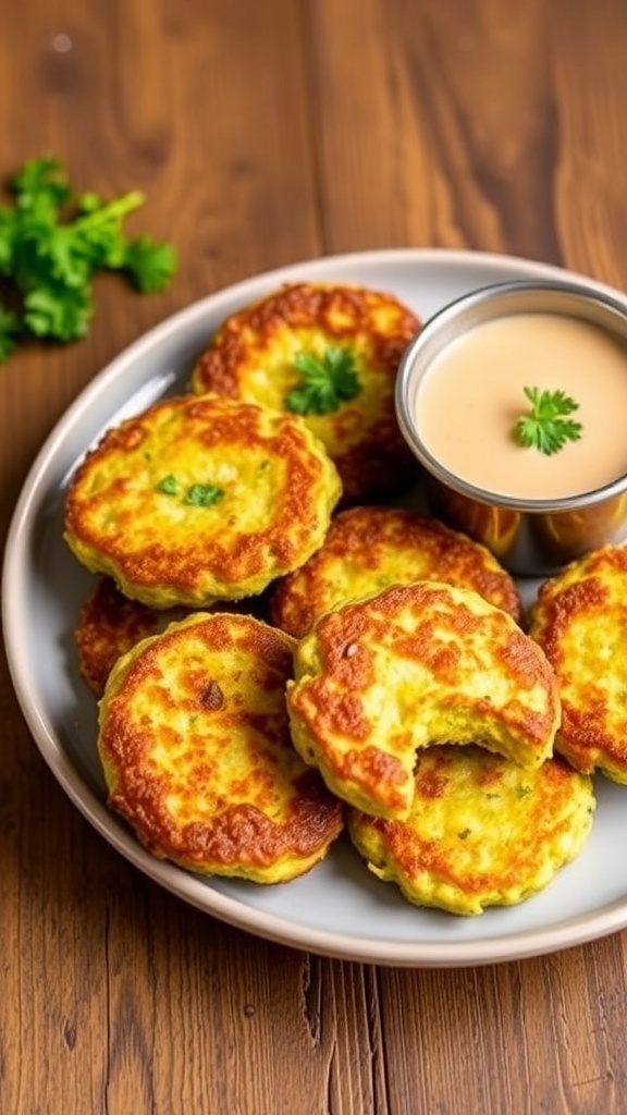 Crispy air fryer zucchini fritters on a plate with parsley and dipping sauce.